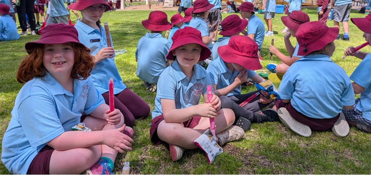 Girls eating iceblocks on grass